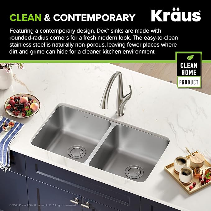 KRAUS Dex 33-inch Undermount 16 Gauge Stainless Steel Double Bowl Kitchen Sink, KA1UD33B