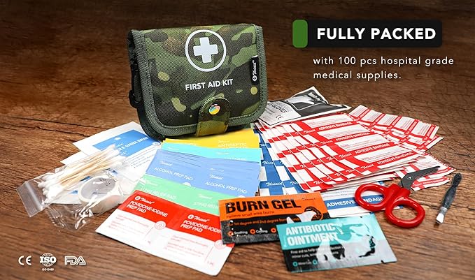 Small First Aid Kit, 100 Pieces Water-Resistant Well Organzied Pouch with Rotatable Buckle - Ideal for Outdoor, Travel, Biking, Camping, Hiking, Car (Green Camo)