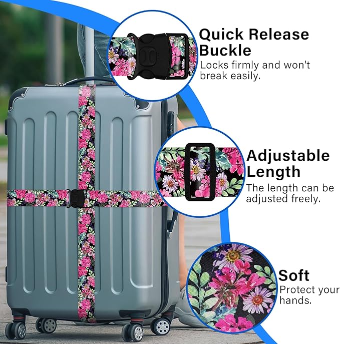 2 Pack Luggage Straps for Suitcases, Adjustable Travel Belt with Double Lock and Quick Release Buckle, Heavy Duty Nylon Bag Packing Strap, Bright Identifiers Business Travel Accessories-Pink Flowers