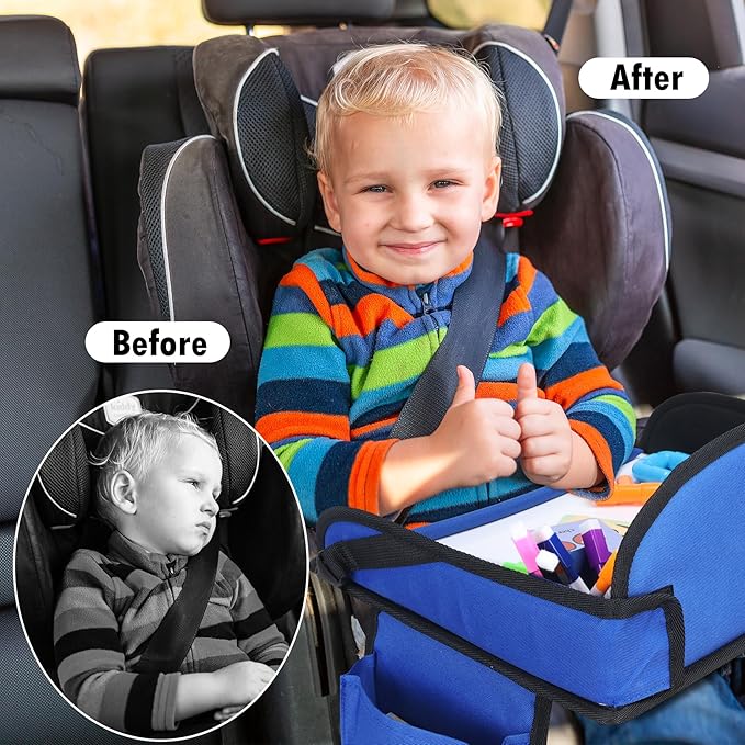Kids Travel Tray for Car Seat, Toddler Road Trip Essentials With Drawing Kit, Travel Activities Must Haves (Navy Blue-2PCS)
