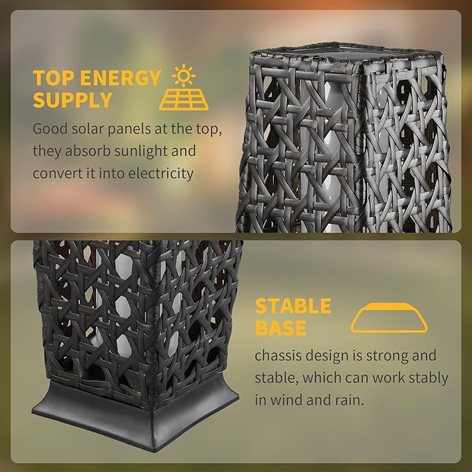 Solar Powered Outdoor Floor, 2 Piece Solar Outdoor Floor Lamps Lanterns Waterproof, Resin Wicker Weather-Resistant Rattan Deck Light for Patio, Lawn, Porch, Garden