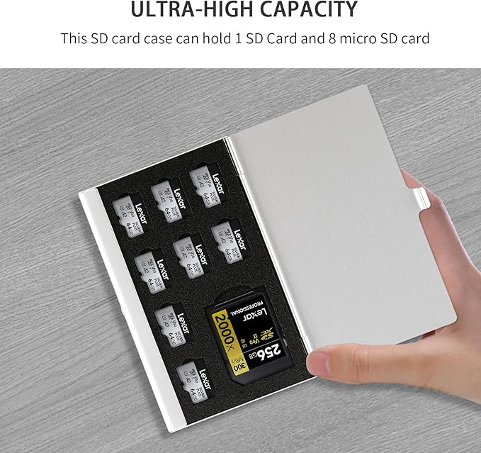 Aluminum SD Card Case, 9Slots Ultrathin SD Card Holder, Memory Card Storage Holder, Fit for 1 SD Card, 8 Micro SD Card, Silver