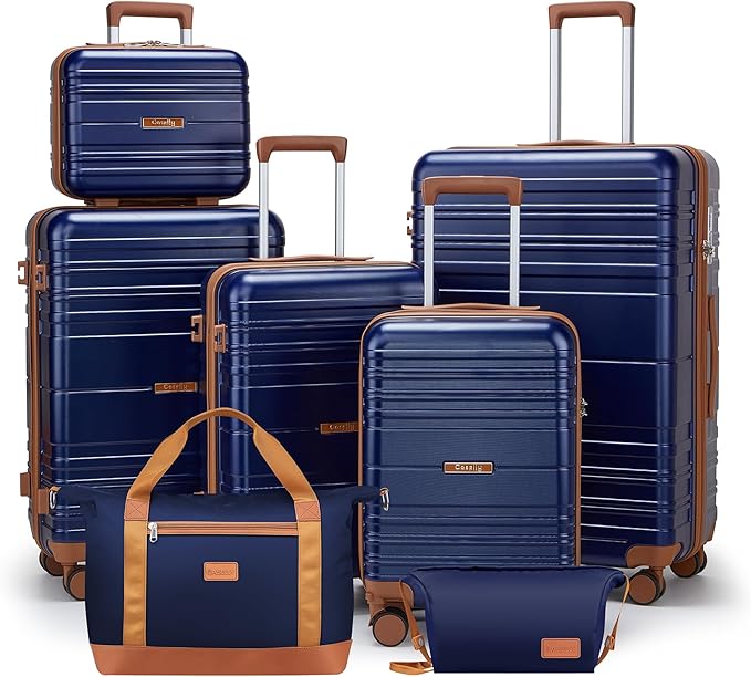 Luggage Sets with spinner wheels, PC+ABS Hard Shell Travel Luggage,Lightweight Carry-on suitcases with TSA Lock,YKK Zippers (Navy, 7 piece sets（14/18/20/24/28/DB/TB）)