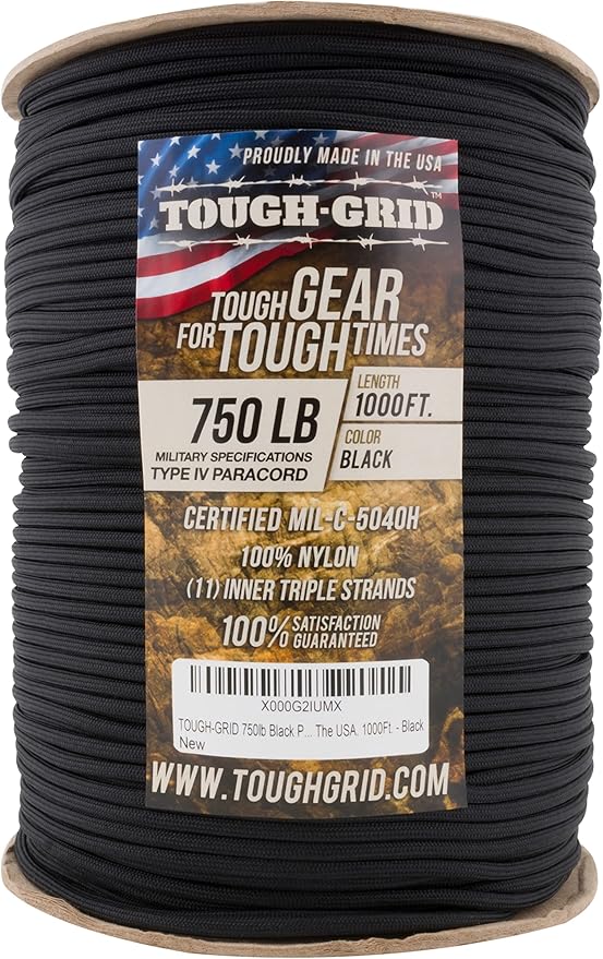 TOUGH-GRID 750 Paracord Rope Nylon Parachute Cord, Made in USA Survival Kit, Outdoor Adventures, Camping, Tactical Gear & Emergency Supplies, Military Type IV Mil-Spec