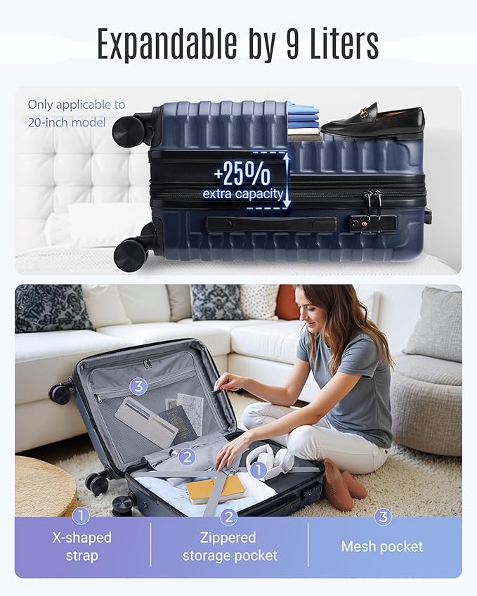 LIGHT FLIGHT Carry On Luggage 22x14x9 Airline Approved, Carry On Suitcases with Wheels, Expandable Hardside Lightweight Rolling Travel Luggage with TSA Lock 20 Inch Carryon, Dark Blue