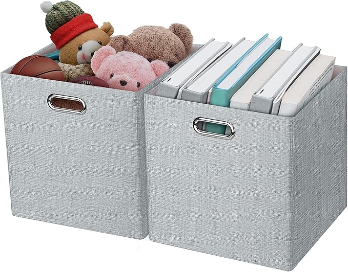 Thicker Fabric Storage Cubes 13 inch Collapsible Storage Bins for Organization, Cubby Storage Boxes for Organizing Shelf Cabinet Bookcase, 2pcs, Sliver Grey