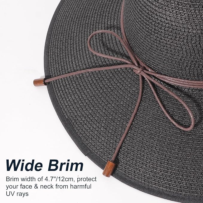 DRESHOW Beach Hats for Women Big Straw Wide Brim Summer Hat Floppy Foldable Roll up Cap Sun Hat UPF 50+