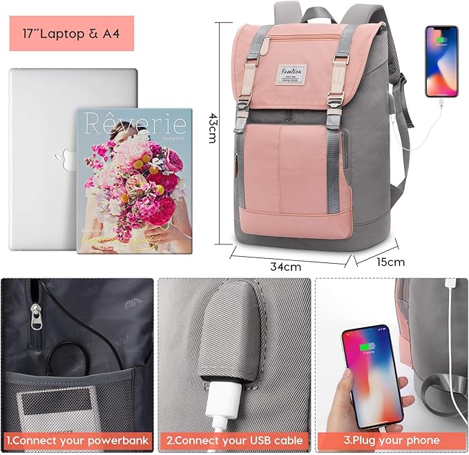 17 Inch Women Backpack School Bags for Teen Girls,College Student Bookbag Computer Backpack with USB Charging Port