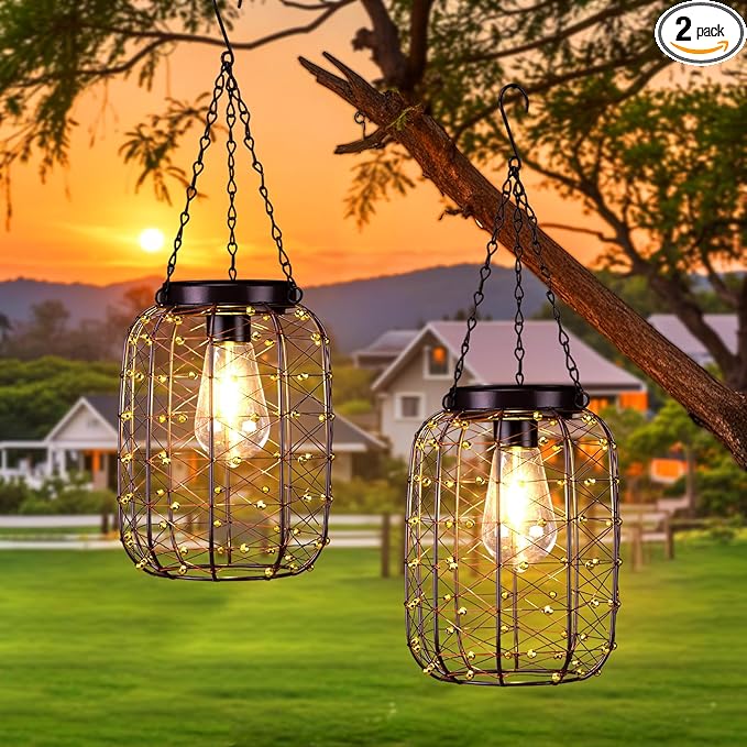 Hanging Solar Lanterns Outdoor Waterproof, Vintage Copper Hanging Lantern Lights for Outside, Solar Chandelier Outdoor Idea for Yard Garden Pathway Gazebo Pergola Porch Decor, 2 Pack