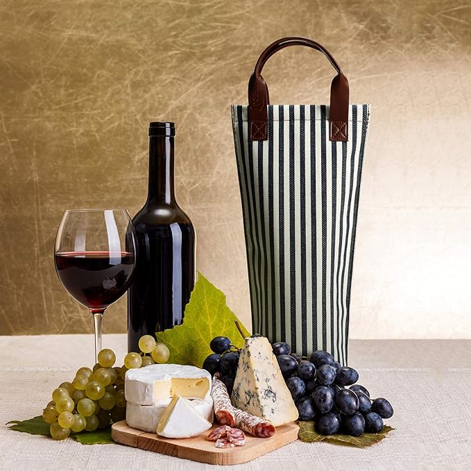 Tirrinia Single Wine Gift Tote Bag, Insulated Padded Thermal Wine Bottle Carrying Cooler Carrier for Travel, Picnic, Great Gift for Wine Lover, Blue Stripe