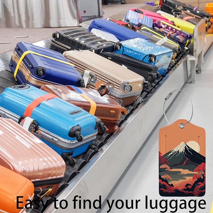 Mount Fuji 2-Pcs Premium Leather Tags with Privacy Covers,Luggage Tag Stainless Steel Loops Ideal for Suitcases, Travel Bags, Backpacks