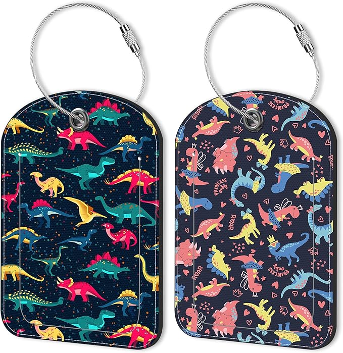 Colorful Dinosaur Leather Luggage Tag for Suitcase 2 Pack Luggage Tag with Privacy Name ID Label and Stainless Steel Loop for Travel Bag Suitcase