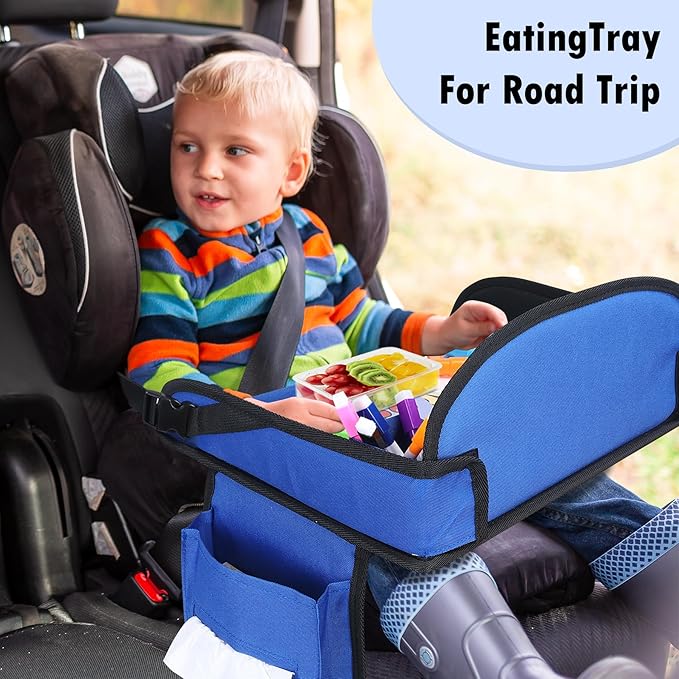 Kids Travel Tray for Car Seat, Toddler Road Trip Essentials With Drawing Kit, Travel Activities Must Haves (Navy Blue-2PCS)