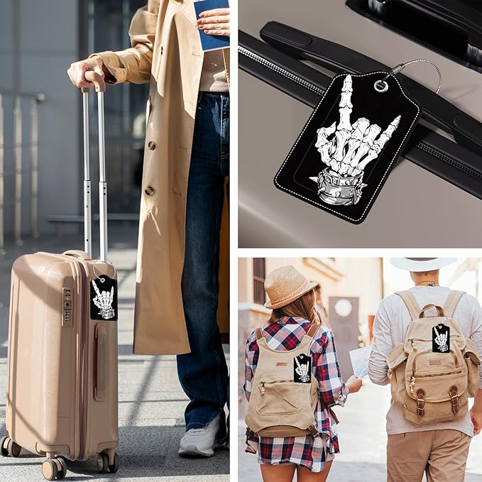 2 Pcs Skull Luggage Tags for Suitcases, Black Leather Luggage Tags, Privacy Cover ID Label with Stainless Steel Loop & Address Card, Funny Skull Travel Bag Tag Luggages Accessories for Suitcases
