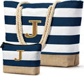 Becokan Beach Bag Initial Beach Tote with Makeup Bag for Travel Work Storage Personalized Birthday Gifts for Women Her