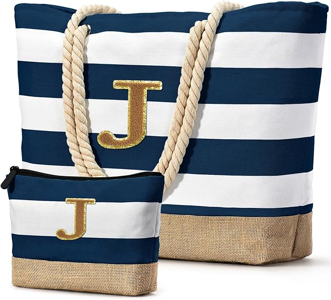Becokan Beach Bag Initial Beach Tote with Makeup Bag for Travel Work Storage Personalized Birthday Gifts for Women Her