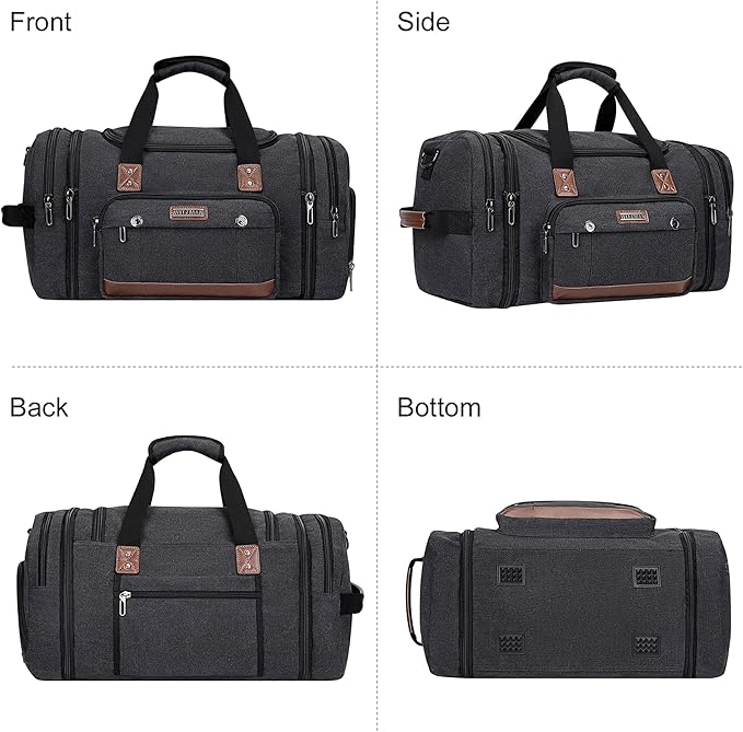 WITZMAN Mens Duffle Bags for Traveling Canvas Weekender Travel Bag Expandable Overnight Bag Carry on Bag(A8007 Black)