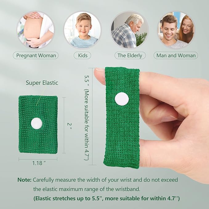 Motion Sickness Wristband, Anti-Nausea Acupressure Wrist Band for Nausea Relief, Dizziness and Vomiting from Car Boat Flying Travel Sickness (Black/Grey/Light Blue/White/Green/Red, 6 Pairs)