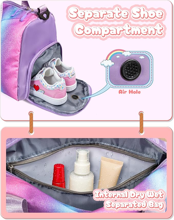 Girly Girl Stuff-Girl Gym Bag with Shoe Compartment, Kid Personalized Weekender Overnight Bags, Initial Travel Tote with Makeup Pouch, Easter Gift 5 6 7 8 9 10 Year Old (Letter N)