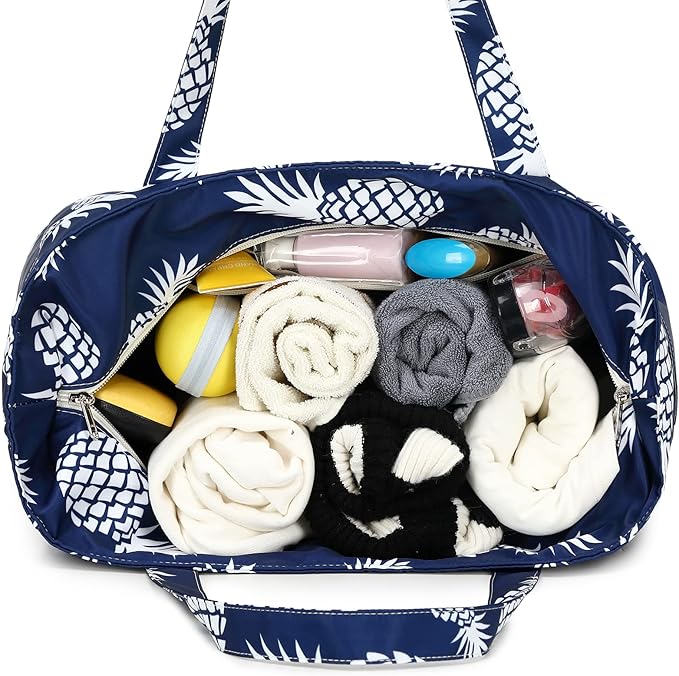 LEDAOU Large Beach Tote Bag Women Waterproof Sandproof Zipper Beach Tote Bag for Pool Gym Grocery Travel with Wet Pocket