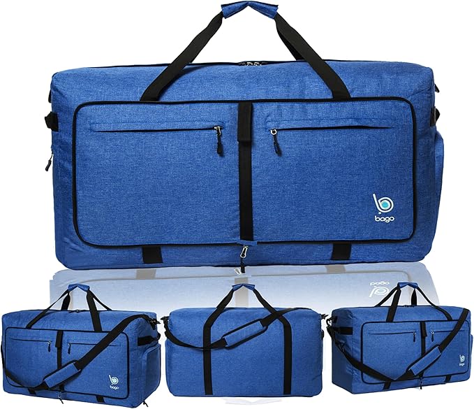 Bago Large Foldable Duffel Bags for Traveling Women & Men - 100L Packable Duffle Bag for Travel with Shoe Compartment - Water Repellant, Heavy Duty, Lightweight Folding & Collapsible (SnowDepBlue)