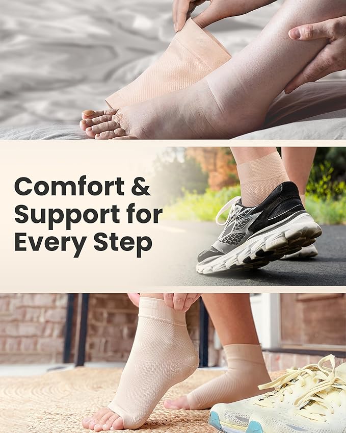 KEMFORD Ankle Compression Sleeve - Plantar Fasciitis Braces - Open Toe Compression Socks for Swelling, Sprain, Neuropathy, Foot Arch Support for Men and Women - 20-30mmhg, L, Black and White