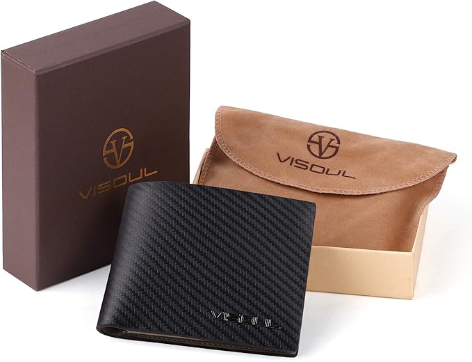 VISOUL Mens Carbon Fiber Leather Bifold Wallet with 2 ID Windows, RFID Blocking Wallet with 2 Money Compartments, Stylish Two-tone Back Pocket Wallet for Men (Black+Light Gray)