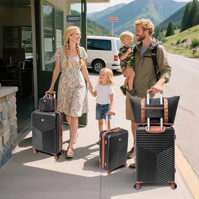 Hoteel 6 Piece Luggage Set (4-YEAR WARRANTY) Carry on ABS+PC Hard Shell Suitcase with Spinner Wheels & TSA Lock (Black)