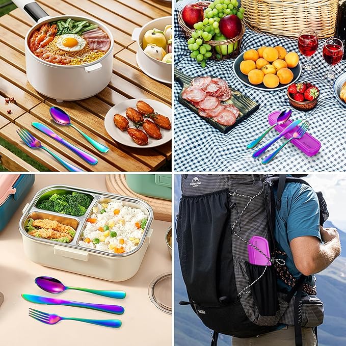 Travel Utensils with Case, 4-Piece Stainless Steel Portable Cutlery Set, Reinforced Case with Buckle Design, Lunch Box for Camping Work School, Include Fork Spoon Knife, Dishwasher Safe, Rainbow