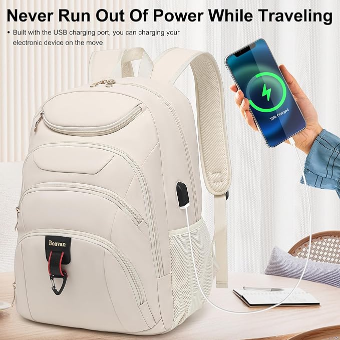 Boavan Laptop Backpack for women,15.6 inch Laptop Bag with USB Port, Waterproof Travel Work Backpack Purse, Anti-Theft Teacher Nurse Doctor Casual Bookbags Office Business backpack，Cream Beige