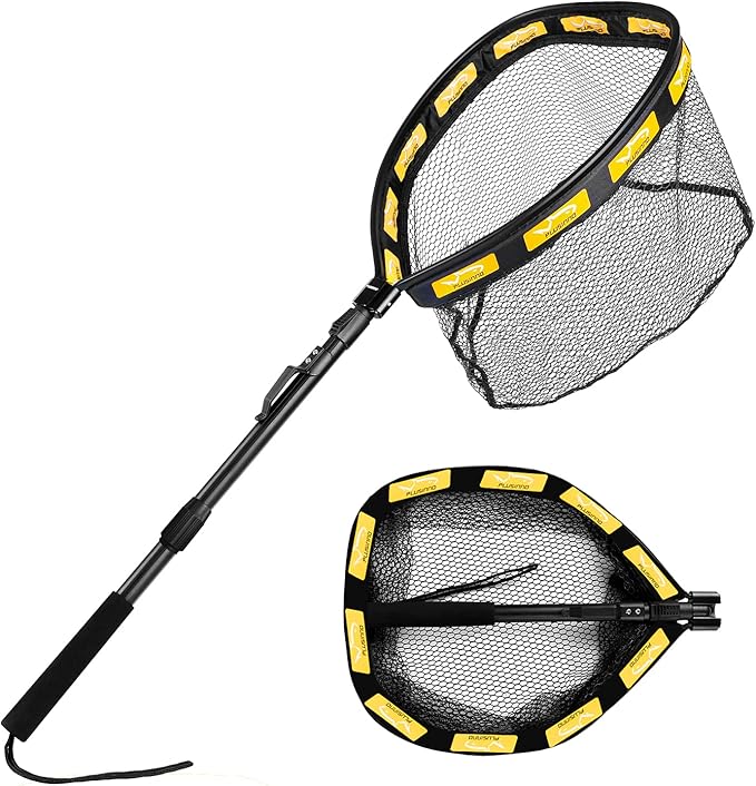 PLUSINNO Floating Fishing Net for Steelhead, Salmon, Fly, Kayak, Bass, Trout Fishing, Catfish, Rubber Coated Landing Net for Easy Catch & Release for Easy Transportation & Storage