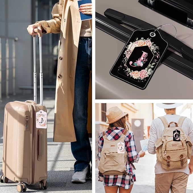 2Pcs Letter J Luggage Tag for Women, Pink Leather Luggage Tags for Suitcases Waterproof, Name ID Labels with Privacy Cover Suitcases Bag Baggage Tags for Travel, Travel Accessory Luggage Tag