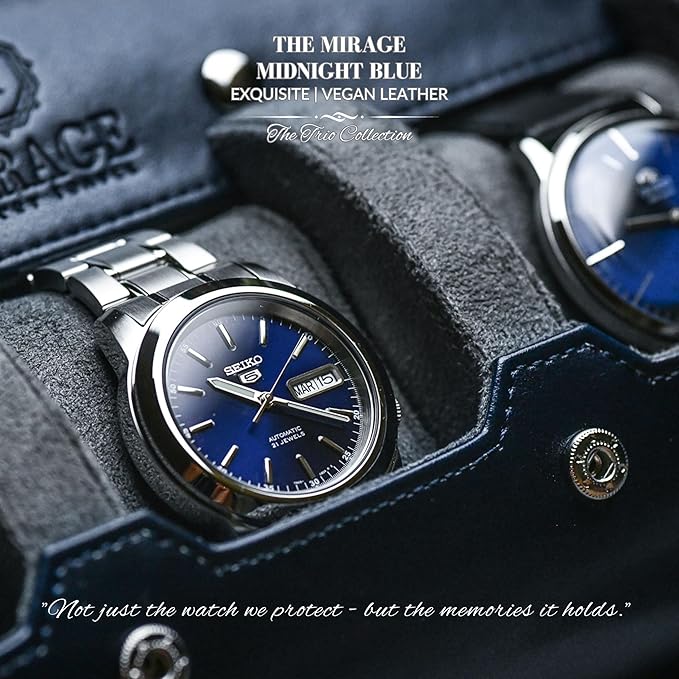 Watch Case Travel Organizer - Watch Roll Case - 3 Watch Case Display Storage - Watches Accessory Gift - Midnight Blue Vegan Leather