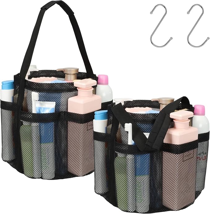 F-color Mesh Shower Caddy Portable, Shower Basket Tote for College Dorm Room Gym Rv Essentials, 8.5" Deeper Pocket Quick Dry Bathroom Caddy Bag with S Hook, 2 Packs Black