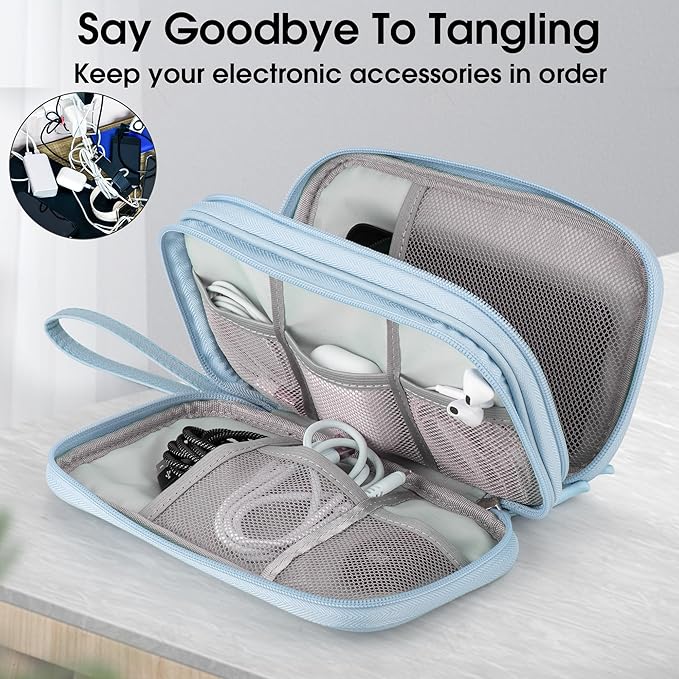 Leather Travel Electronic Organizer - Double Layer, Waterproof Case for Cables, Chargers, Phones & More - Portable, Shockproof Pouch for All Your Electronics Accessories (Light Blue, M)
