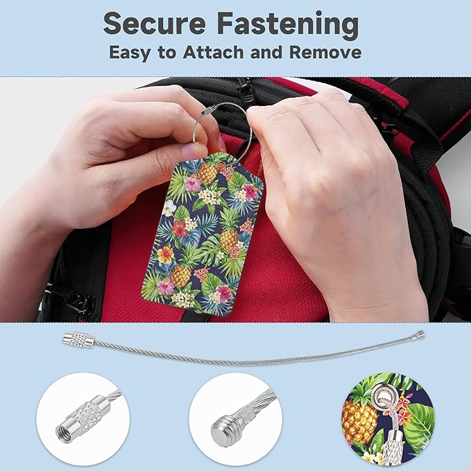 Tropical Pineapples Luggage Tags for Suitcases,2 Pack Palm Leaves Flowers Luggage Tag,Leather Stainless Steel Loop Label Tag for Women Men Girls Travel Bag Suitcase