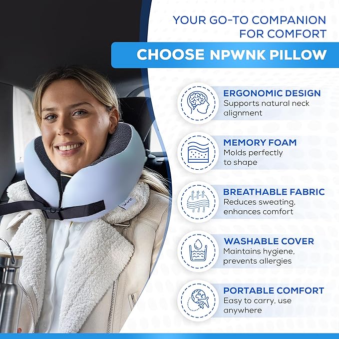 Pure Memory Foam Travel Pillows for Airplanes – Ergonomic Design with Adjustable Fit, Machine Washable, 3D Eye Mask & Compact Plane Pillow for Traveling – Grey & Blue