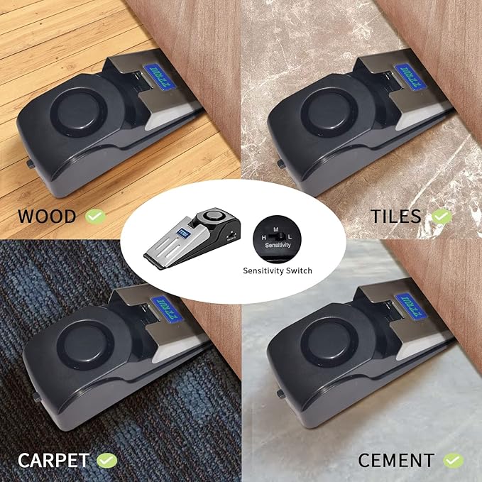 ZZRUI 2 Pack Door Stop Alarm with 120dB Siren, Wedge Door Stopper Security Device for Travel, Apartment, Hotel, Home – Portable Anti-Theft Floor Alarm for Entry Alert & Self Defense, Black