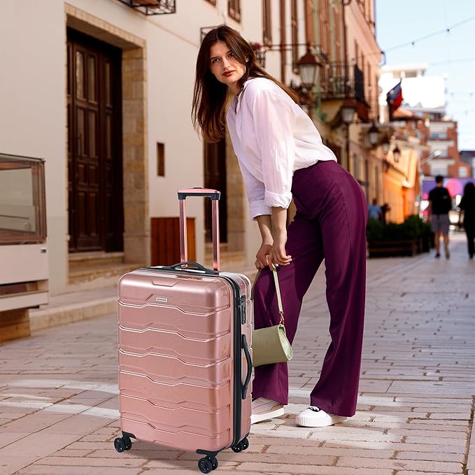 Luggage Set 3 Piece, PC+ABS Lightweight Suitcase Sets with Spinner Wheels, Hard shell Luggage Sets with TSA Lock RoseGold (20/24/28)