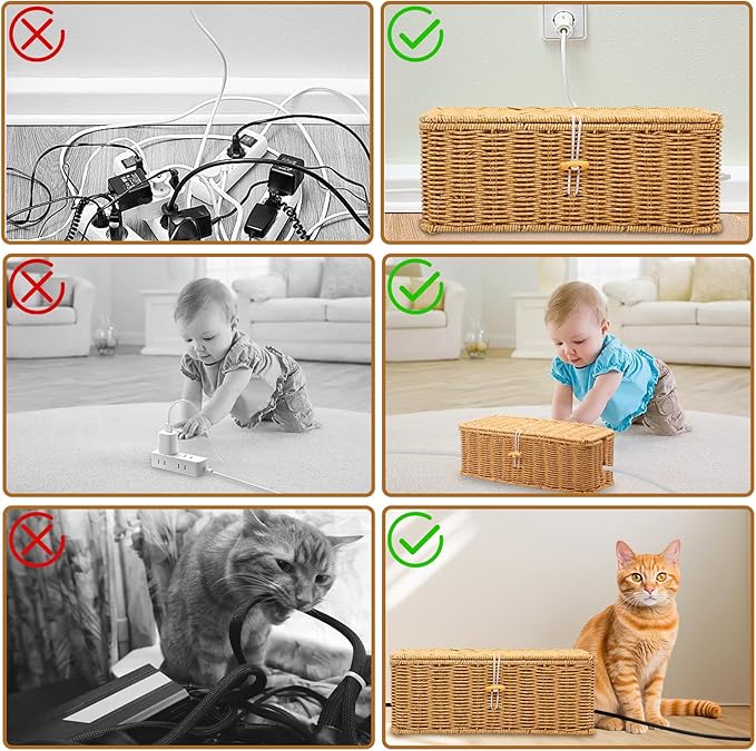 Cable Management Box, Handmade Imitation Rattan Cord Cable Organizer, Open Slots Cords Hider Box Under Desk Cord Organizer for Computer Router USB Hub & Power Strip