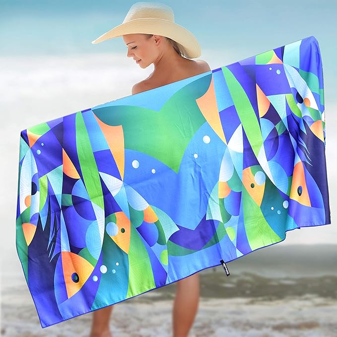 Elite Trend Quick Dry Towel Extra Large 78x35 Inch - Microfiber Beach Towel - Perfect for Beach, Travel, Swimming, Pool, Yoga, Hiking, Camping - Lightweight, Fast Drying, Compact for Adults (Fishes)