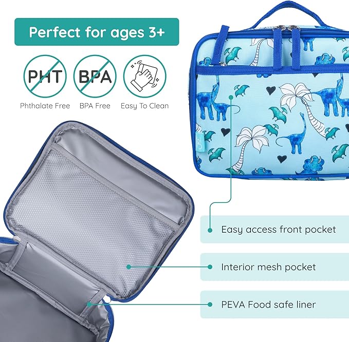 Wildkin JumpOff Jo Insulated Lunch Box – Durable, Reusable for Kids – Blue Dino