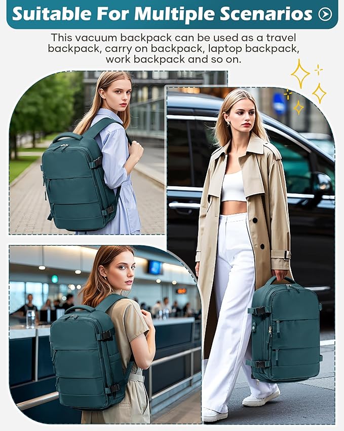 Vacuum Backpack Travel Laptop Backpacks For Women Men Carry On Backpack With Vacuum Compression Bags Seal Packing Personal Item Travel Bag Vacpack Backpacks Without Pump Peacock Blue