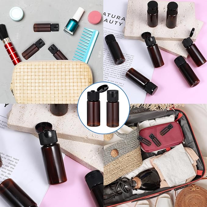 Travel Size Make up Sample Containers, 12 Pieces Plastic Mini Empty Toiletry Bottles 1/2 Oz Leak Proof Liquid Containers with Lids for Travel Liquid Toiletries, Amber
