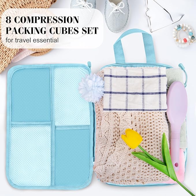 8 Set Compression Packing Cubes Travel, Lightweight Expandable Travel Cubes Suitcase Organizer for Carry On Luggage Suitcase, Light Blue