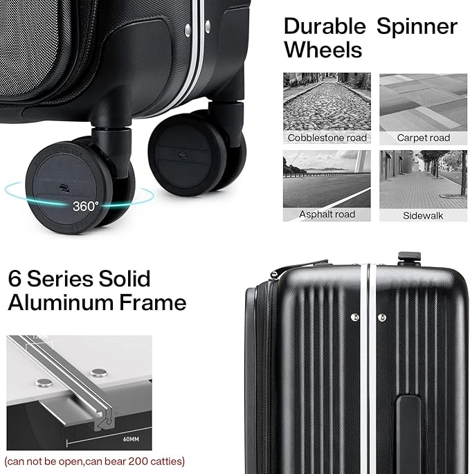 Hanke Grace Hard Shell Suitcases with Wheels,20 Inch Carry On Luggage Airline Approved with Aluminum Frame, Travel suitcase with Front Pocket Travel Luggage for Short Business Trips, Jet Black.