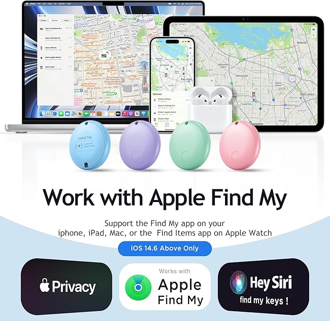 Air Tracker Tags-4 Pack Tracker Tag Work with Apple Find My (iOS 14.6 Above Only) Smart Tag Item Finders for Key, Luggage, Backpack，etc. (Red, Blue, Purpule, Glue, 4 Pack)