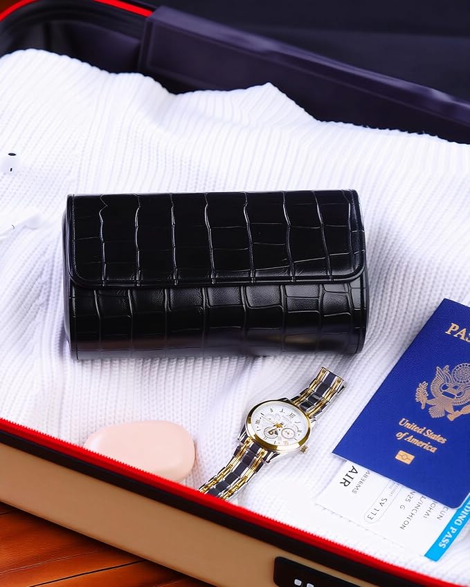 MR.OKAY 2 Watch Travel Case- Classic Leather Watch Case With Superb Texture.(Portable Watch Roll Or Organizer For Storage And Display).Festival Gift For Men, All Handcrafted By Artisans.