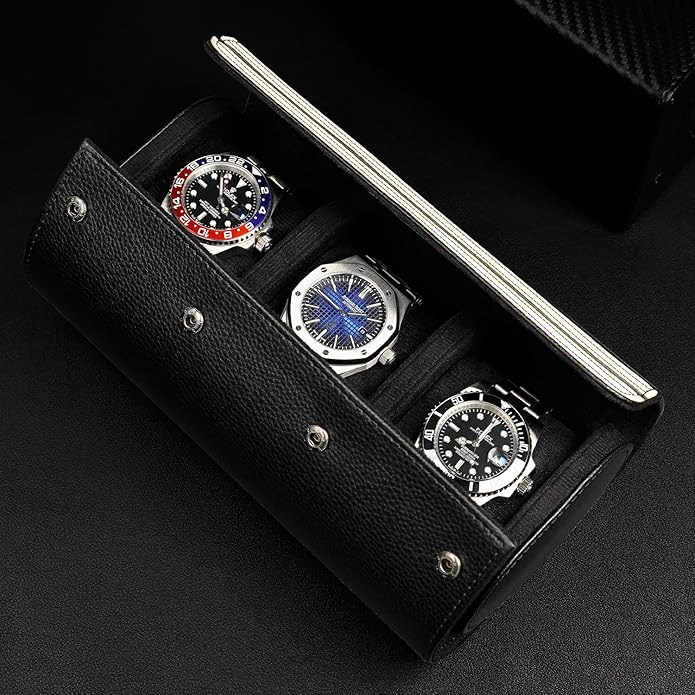 MOZSLY Watch Roll Travel Case 3 Slots Portable Box for Men and Women Watches Organizer Storage Holder PU Leather