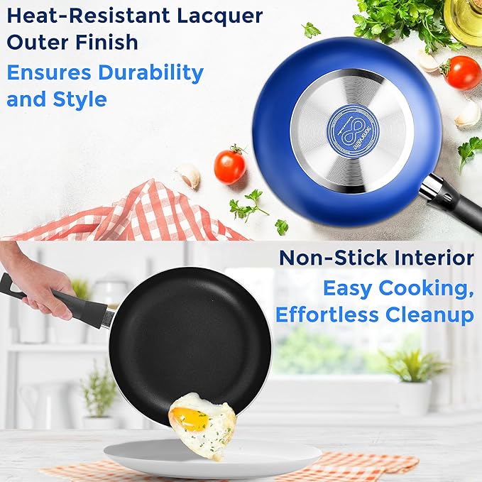 SereneLife Kitchenware Pots & Pans Basic Kitchen Cookware, Black Non-Stick Coating Inside, Heat Resistant Lacquer (6-Piece Set), One Size, Blue